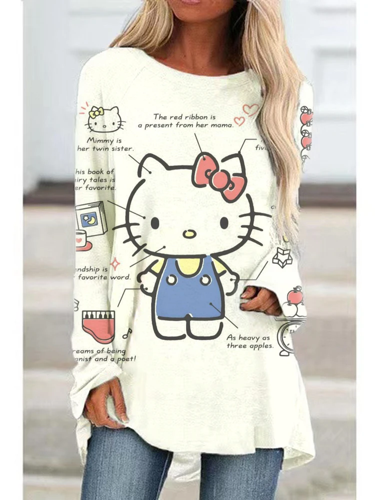 

Cute New Fashion Loose Crew Neck Hello Kitty Raglan Sleeves Street Festive Style Women's T Shirts Spring Trend Hello Kitty Tops