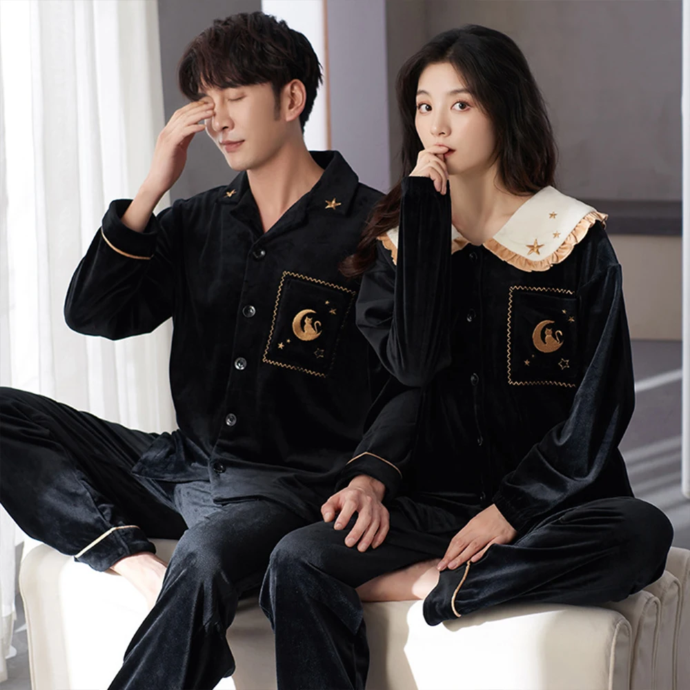 Delicate Thicken Island Velvet Pajamas for Couples Winter Warm Smooth Pajama Man Sleepwear for sleeping Women's Sweet Pyjama Set