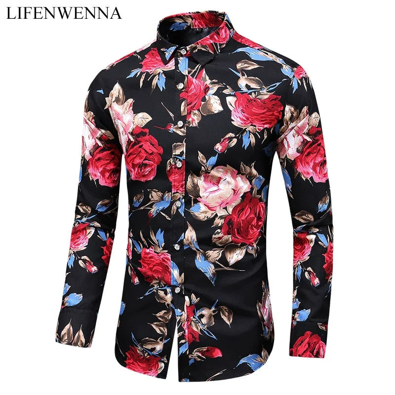 Hot Sale New Fashion Flower Printed Men's Shirt Casual Plus Size Long Sleeve Shirts Male Slim Fit Mens Office Shirt