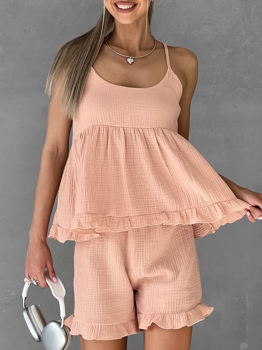 Marthaqiqi Loose Home Clothes For Women Sexy Spaghetti Strap Sleepwear Backless Tank Tops Pajamas Shorts Cotton Nightwear Suit