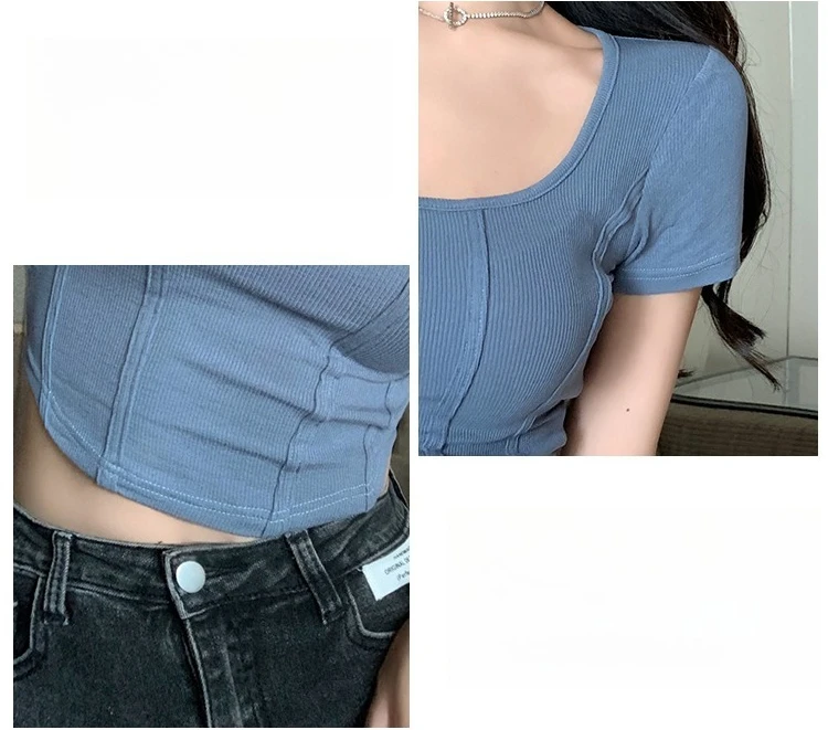 2026 Sommer Neuer Koreanischer Stil Damen T-Shirt Quadratischer Ausschnitt Fischgrätenmuster Slim Fit Kurzarm Crop Top Trendiges Vielseitiges Oberteil – Detail 3