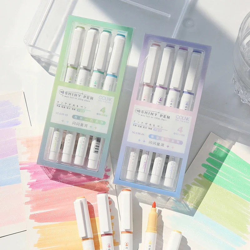Highlighter Pen Set Color Marker Pens Glitter Color Shiny Pens Set 4mm Brush for Drawing Painting Art School 4pcs