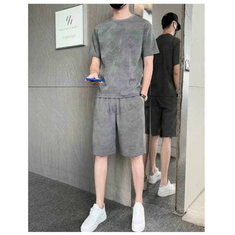 Summer Cool Ice Silk Casual Sports Set for Men's Korean Style Trendy and Handsome Youth Shorts Short Sleeve T-shirt Set H0008