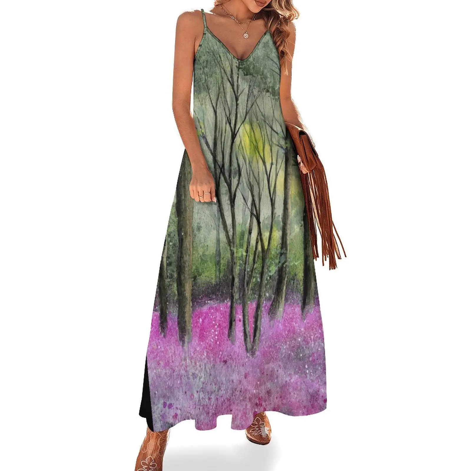 

Spring forest with tall trees and a bluebell glade Sleeveless Dress clothes for woman Dress vintage Elegant gown