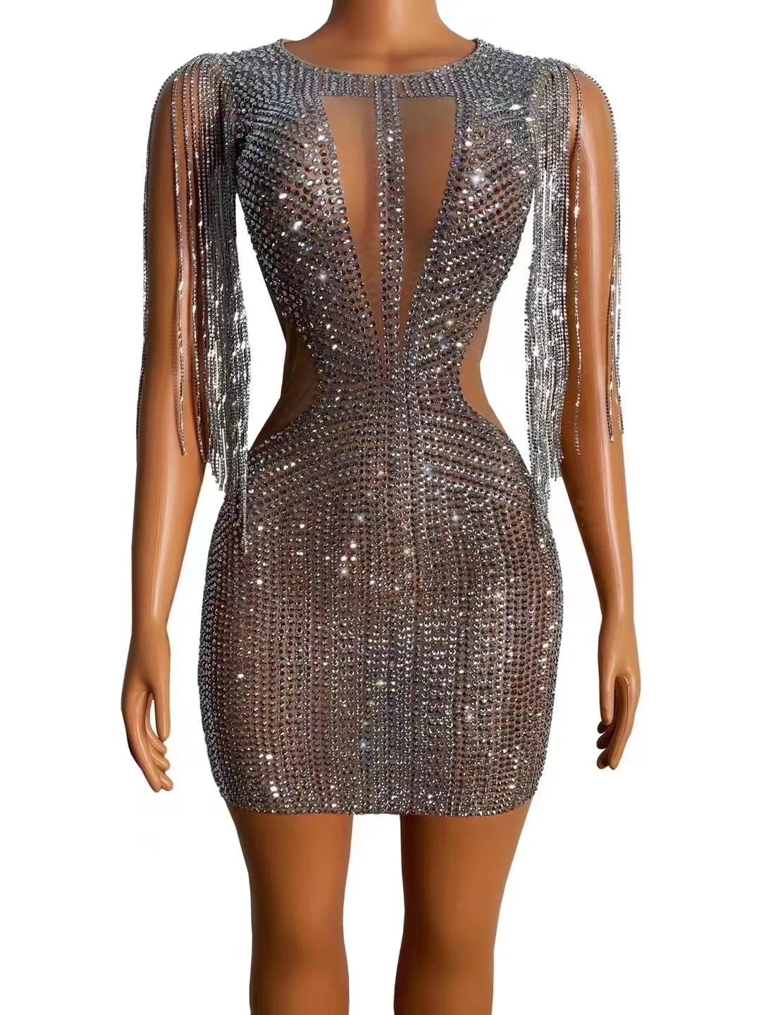 

SparklySilverRhinestoneFringeTransparentShortDressBirthdayCelebrate ChainShoulderOutfitWomenDancerEveningDress