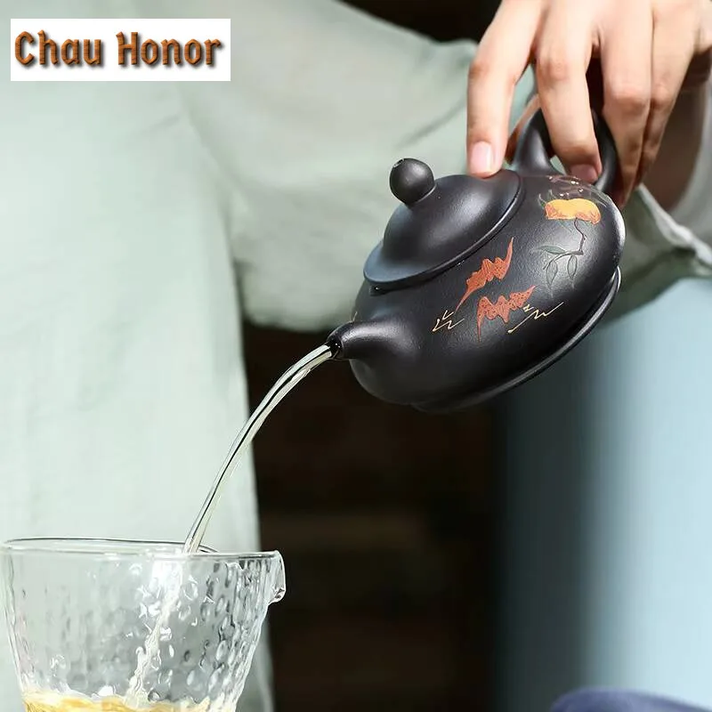 220ml Classic Yixing Purple Clay Teapots Handmade Longevity Peach Pot Raw Ore Black Mud Tea Soaking Kettle Chinese Zisha Tea Set