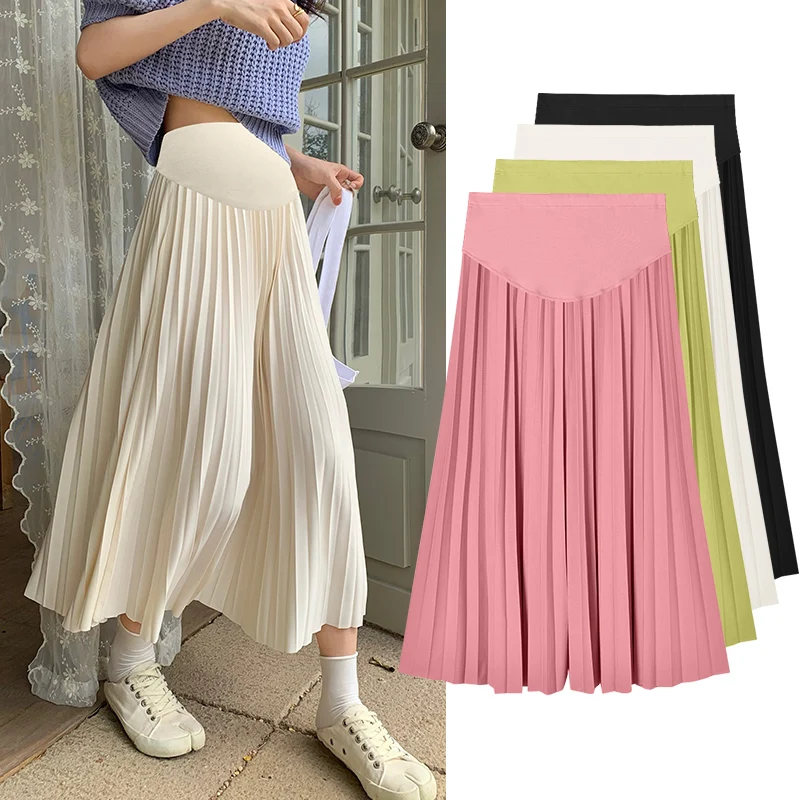 Summer Fashion Pleated Chiffon Maternity Skirts Elastic Waist Belly Bottoms Clothes for Pregnant Women A Line Casual Pregnancy