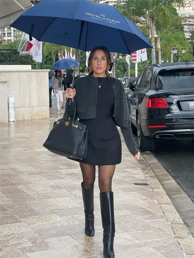 Patchwork Long Sleeve Fashion Mini Dress For Women High Waist Fashion Patchwork Streetwear Female Elegant Slim Dress 2025