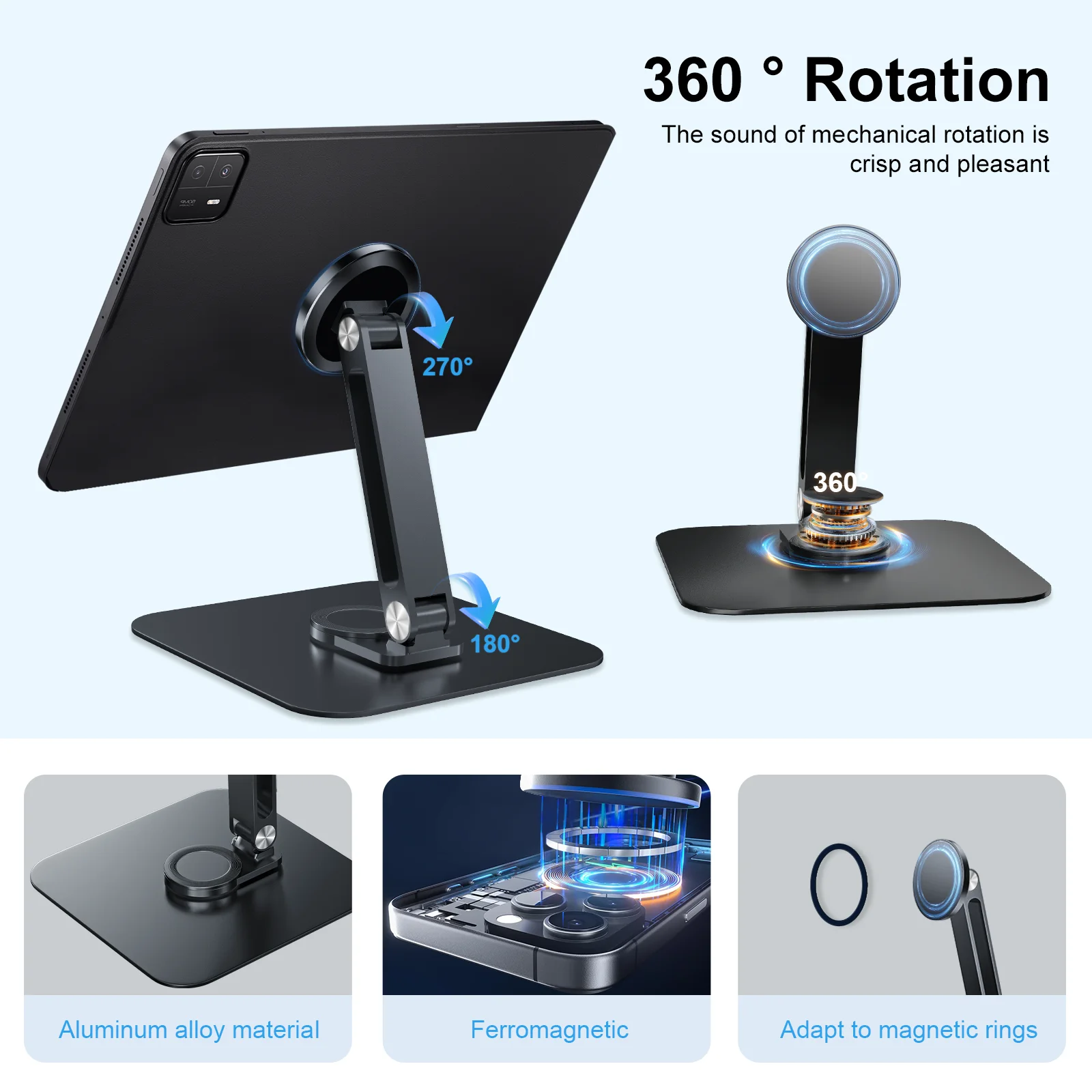 360 ° 휴대용 모니터 용 스탠드 마그네틱 브래킷 알루미늄 합금 데스크탑 홀더 3KG 부하 용량 전화 태블릿 용 매우 안정적