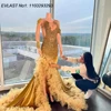 EVLAST Customized Sexy Black Girls Crystals Gold Long Mermaid Prom Dress Ruffles Beaded High Slit African Party Gown TPD181
