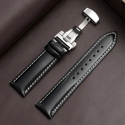 Premium Waterproof Leather Wristband with Butterfly Clasp and Handmade Stitching - 22mm (Black White)