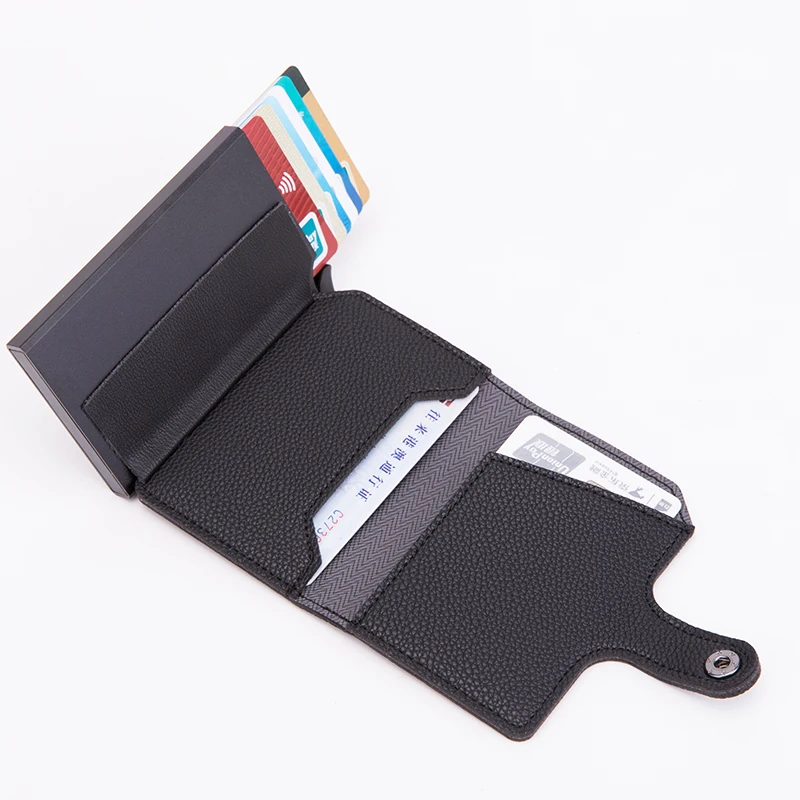 Card Holder Pu Litchi Leather Pop Up Case Smart Wallet Men Slim RFID Pochette Purse Aluminum Money Clip Carbon Fiber Business