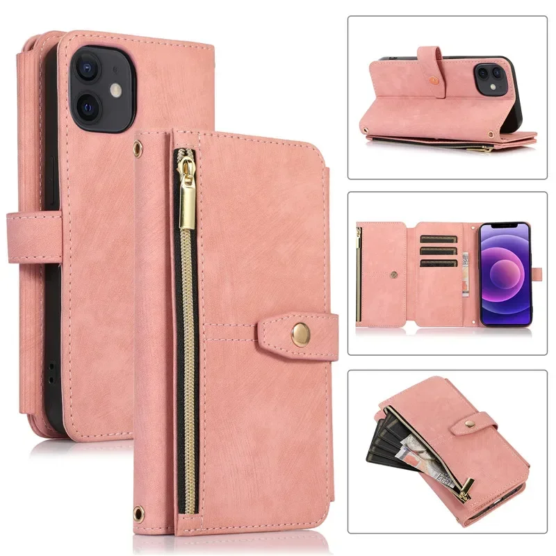 Elegant Flip Leather Phone Case with Long Lanyard and Zipper Wallet
