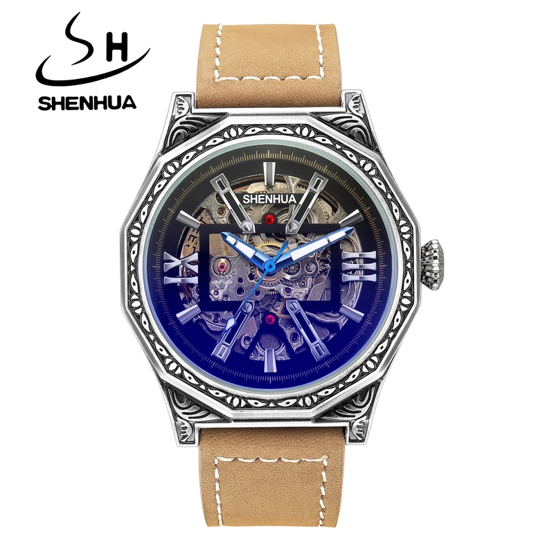 

SHENHUA Retro Carving Man's Automatic Mechanical Watch Luxury Fashion khaki Genuine Leather Wristwatch Skeleton Waterproof Watch