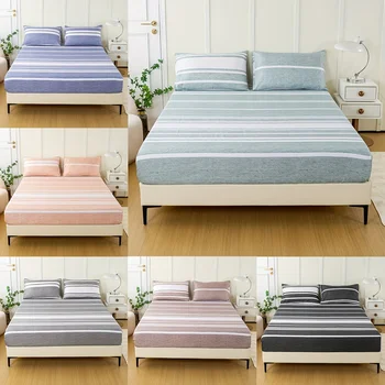 Set lenzuolo con angoli a righe in 3 pezzi – Lussuosamente morbido e traspirante – Include 1 lenzuolo con angoli e 2 federe per un sonno accogliente – Pe 1