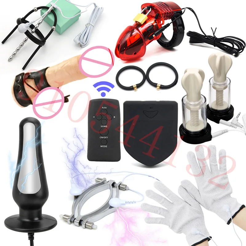 Electro Sex Toys Electric Sex Toys Electric Shock Anal/Penis Plug Cock Cage/Ring Nipple Sucker Clamp Labia Clip Massage Gloves SM Electro Stimulator Adult Sex Toys