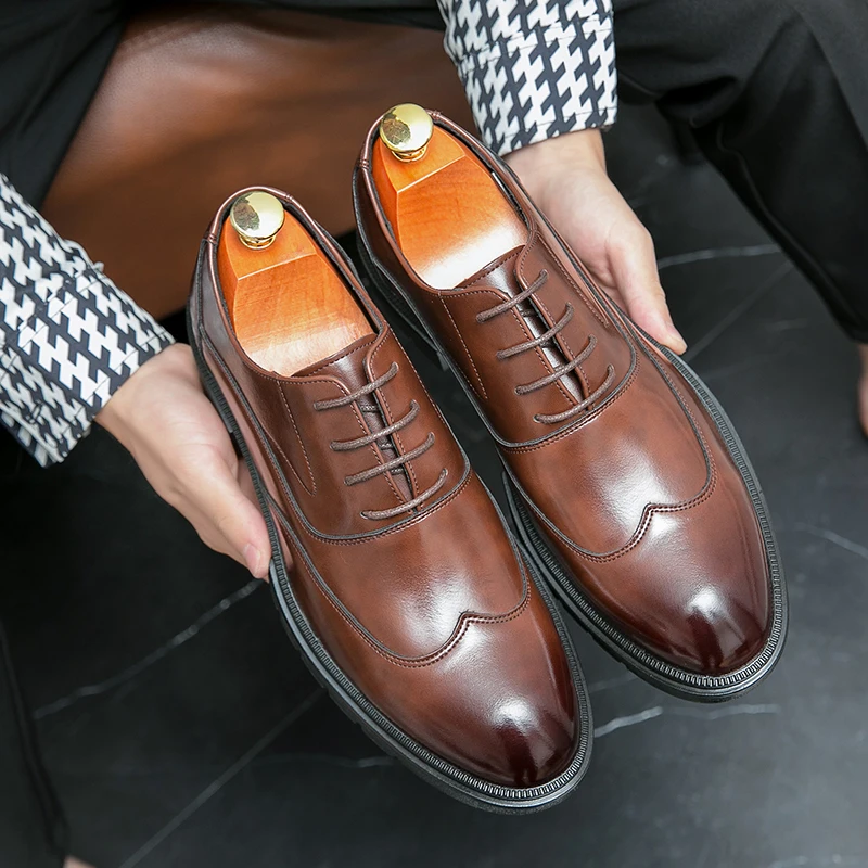 Men Business Derby Leather Shoes With Pointed Tip Thick Sole Durable And Non Slip PU Black Brown Sizes 38-46 Men Shoes