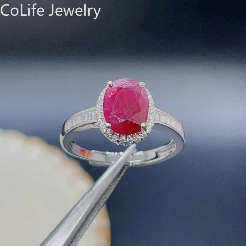 

2ct Natural Ruby Engagement Ring for Woman 7mm*9mm Myanmar Ruby 925 Silver Ring with Gold Plating July Birthstone