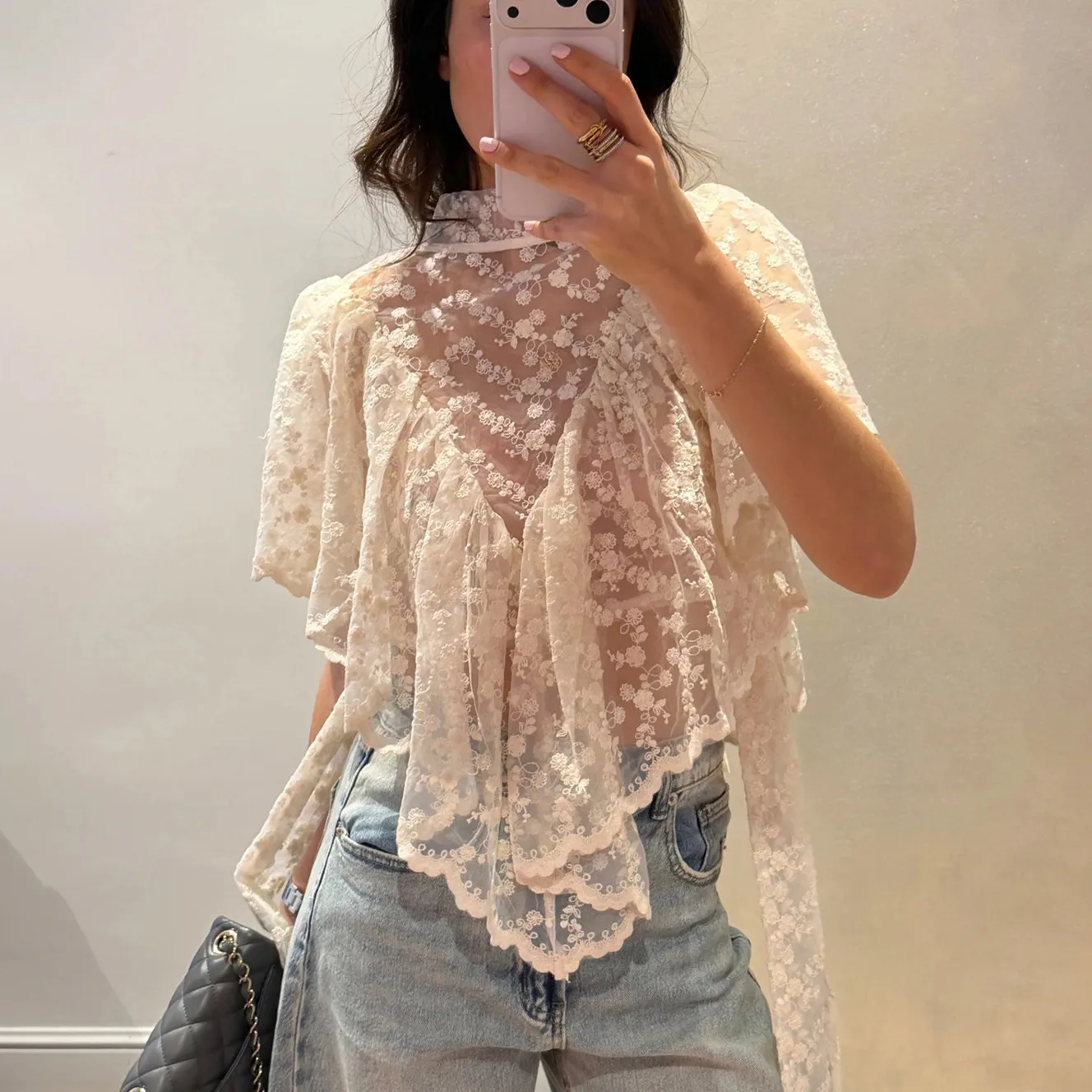 Women's Black Floral Lace Embroidered Sheer Asymmetric Shawl Top — photo 2