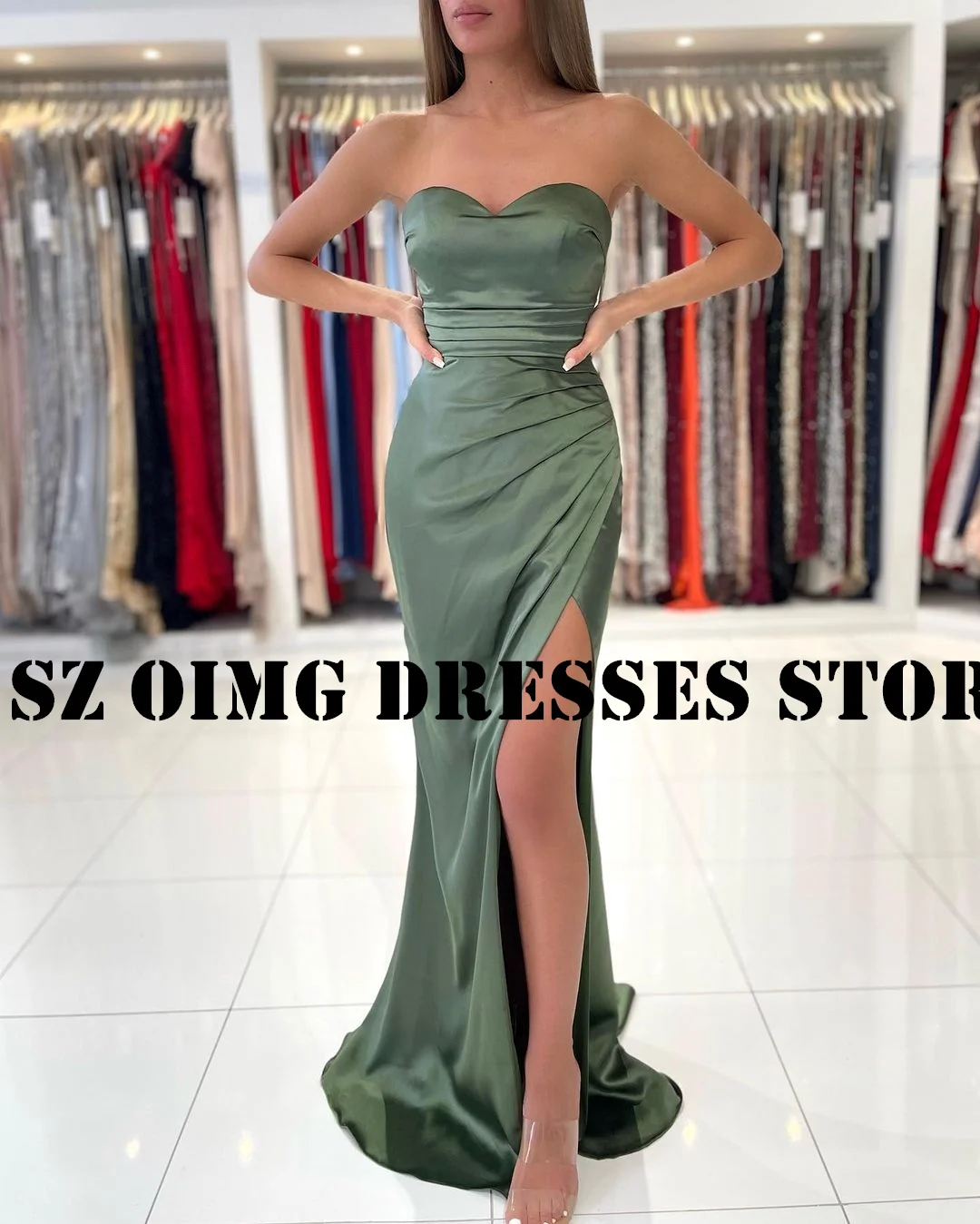 

OIMG New Design Sweetheart Sexy Split Prom Dresses Arabic Women Green Satin Mermaid Simple Evening Gowns Formal Party Dress