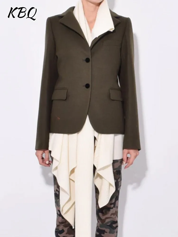 

KBQ Colorblock Irregular Hem Jackets For Women Scarf Collar Long Sleeve Single Breasted Temperament Coat Female Autumn Clothing