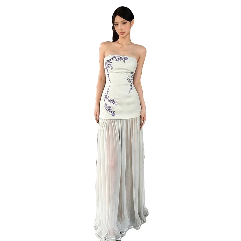Kliou Mesh Patchwork Langes Kleid für Damen, Zweig-Print, Sexy Wickel-Design, Rückenfreies Ärmelloses Abendkleid, Gerafftes Elegantes Figurbetontes Kleid – Detail 2
