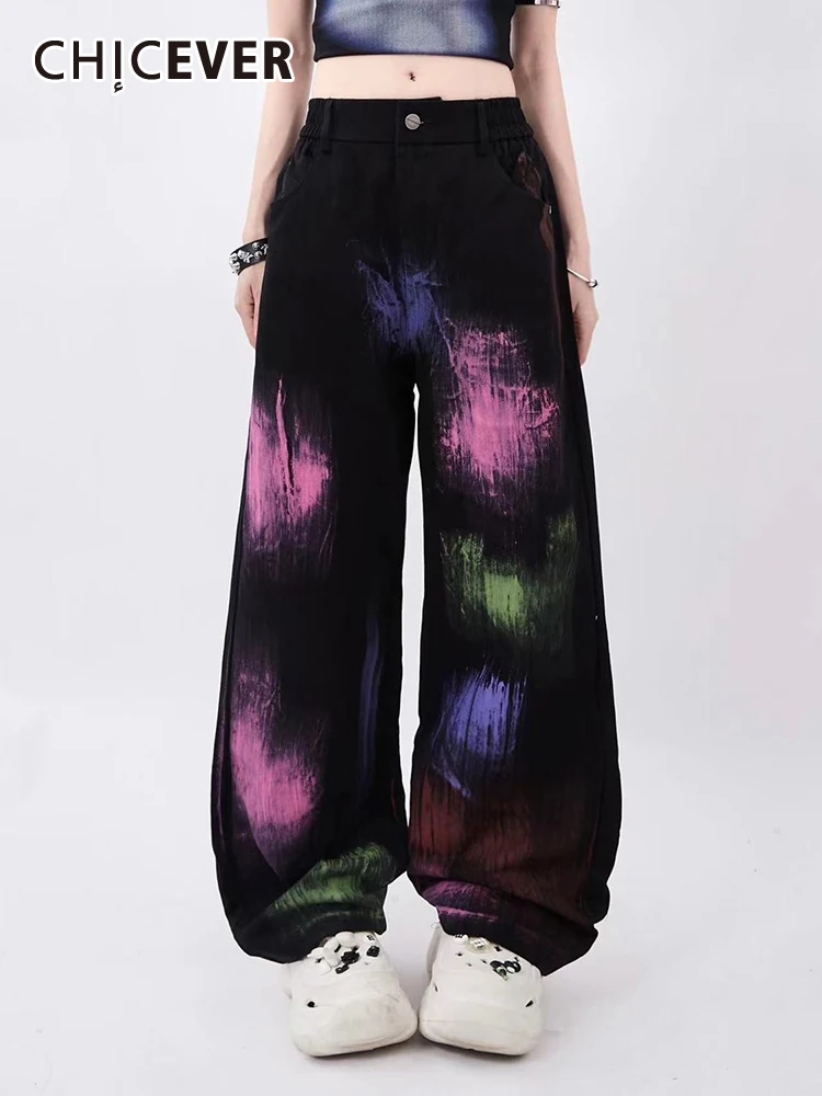 

CHICEVER Autumn Vintage Colorblock Denim Trousers For Women High Waist Patchwork Button Casual Loose Wide Leg Pants Female New