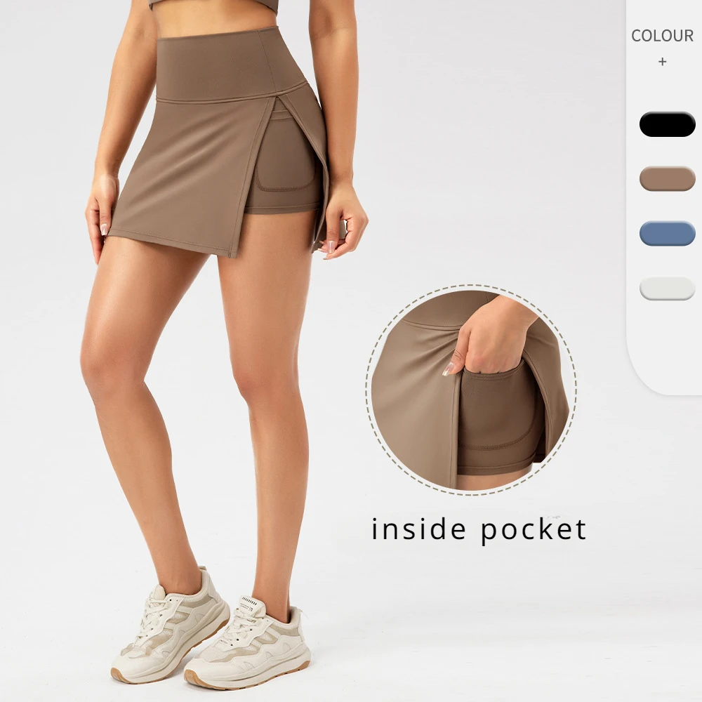 여성용 빠른 건조 요가 스커트, 하이웨이스트 사이드 오픈 스포츠 미니 골프 테니스 스커트, 캐주얼 테니스 원피스, 2 in 1 