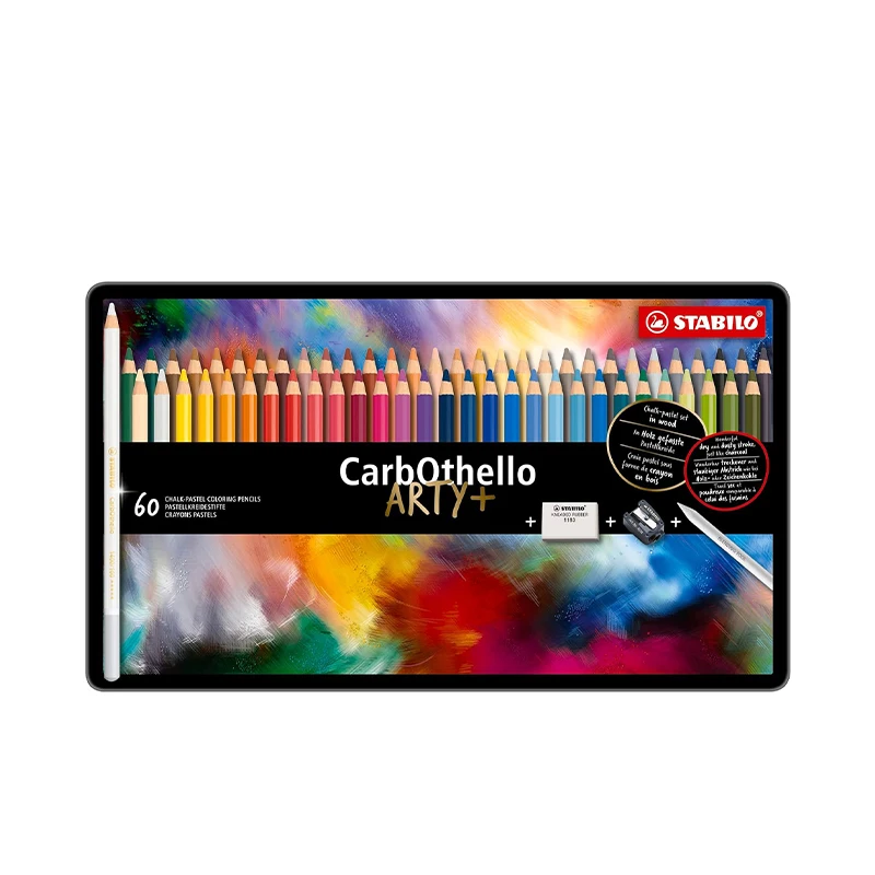 STABILO CarbOthello - ARTY+ - Tin Set of 60 Colors + Eraser, Sharpener,Blender - Watercolor Effects,Sketching,Drawing,Colorin