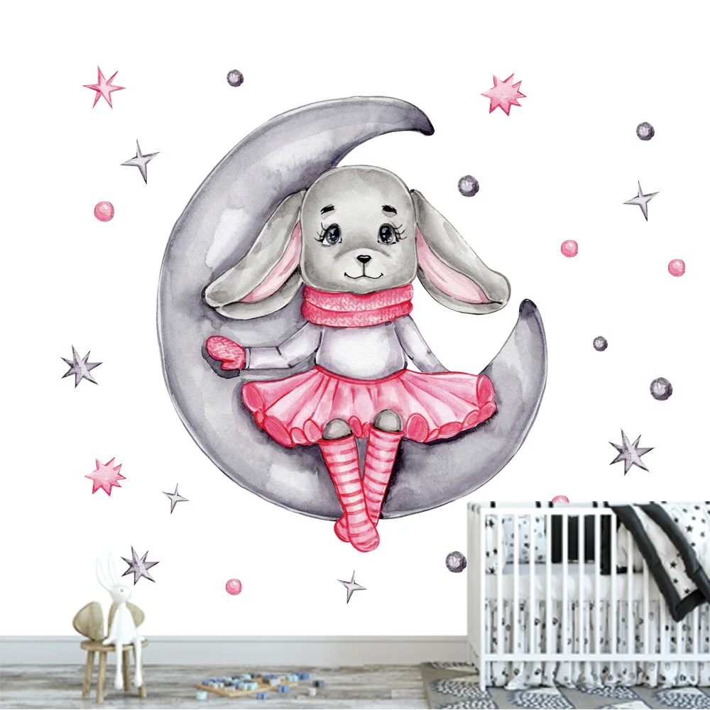 

Cartoon Rabbit Wall Stickers Removable Moon Stars Decals for Nursery Baby Kids Room Wall Decor Waterproof Bunny PVC Wallpaper