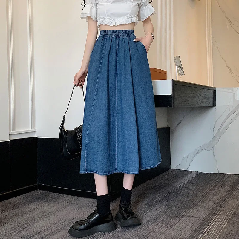 TFETTERS Denim Skirt Women 2025 Spring and Summer Casual Pocket Pleated Skirt Stitching Women Jean Skirt