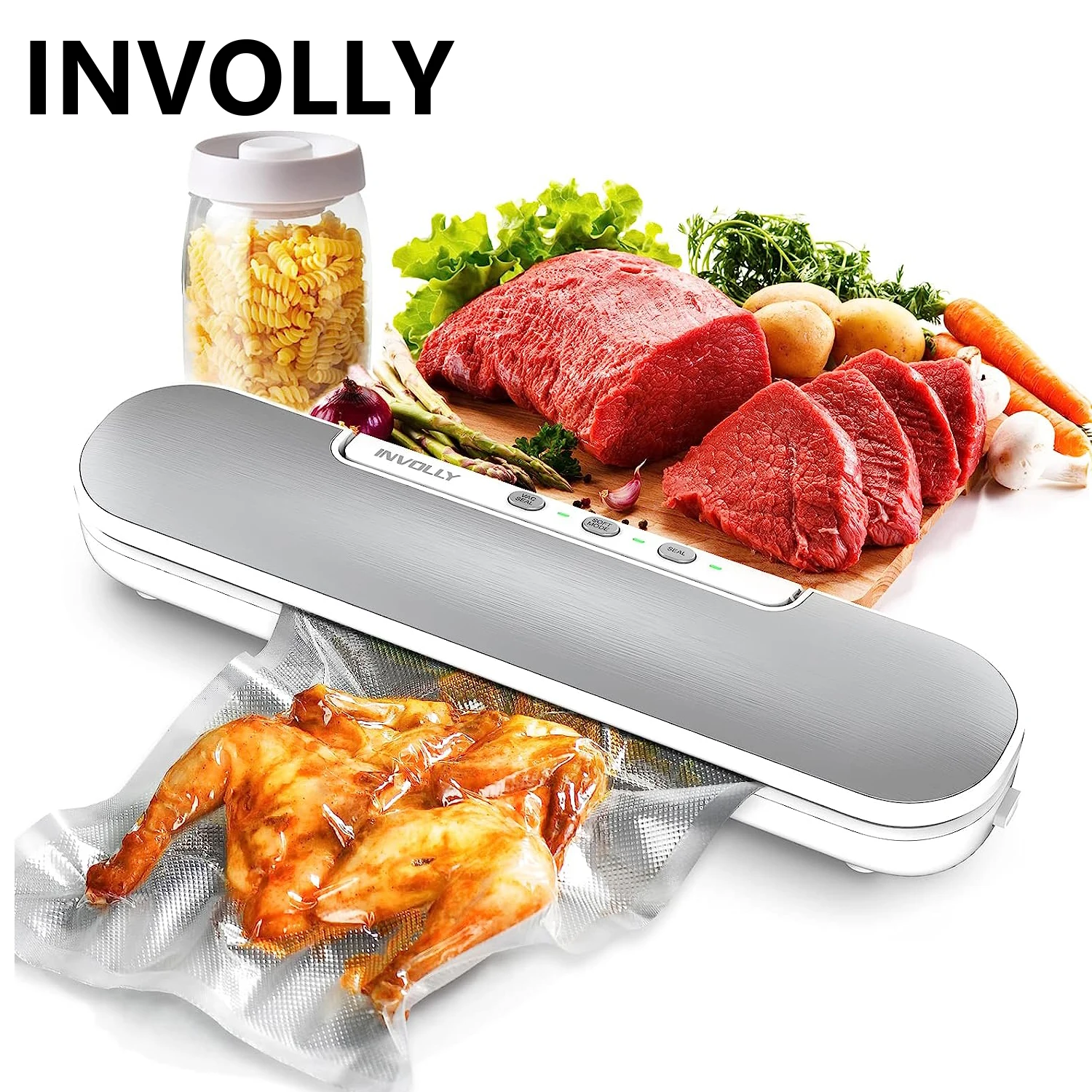 Involly Machine à emballer sous vide 6 en 1 pour la conservation des  aliments secs et humides, vide externe pour boîte, taille compacte avec  support