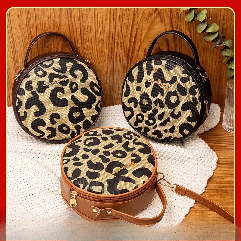 Sac rond petit modèle à imprimé léopard rétro et tendance pour femmes, sac à bandoulière polyvalent, sac à main décontracté pour femmes 1