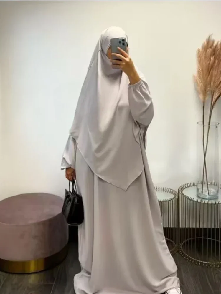 Ramadan Eid Khimar and Abaya Set Jilbab 2 Piece Matching Muslim Women Long Hijab Dress Prayer Clothes Niqab Islamic Dubai Burqa