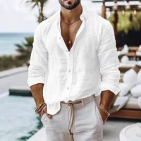 Chemise en coton et lin pour hommes, Style plage d'été, couleur unie, simple boutonnage, chemises respirantes, légères et élégantes, hauts à boutons 1