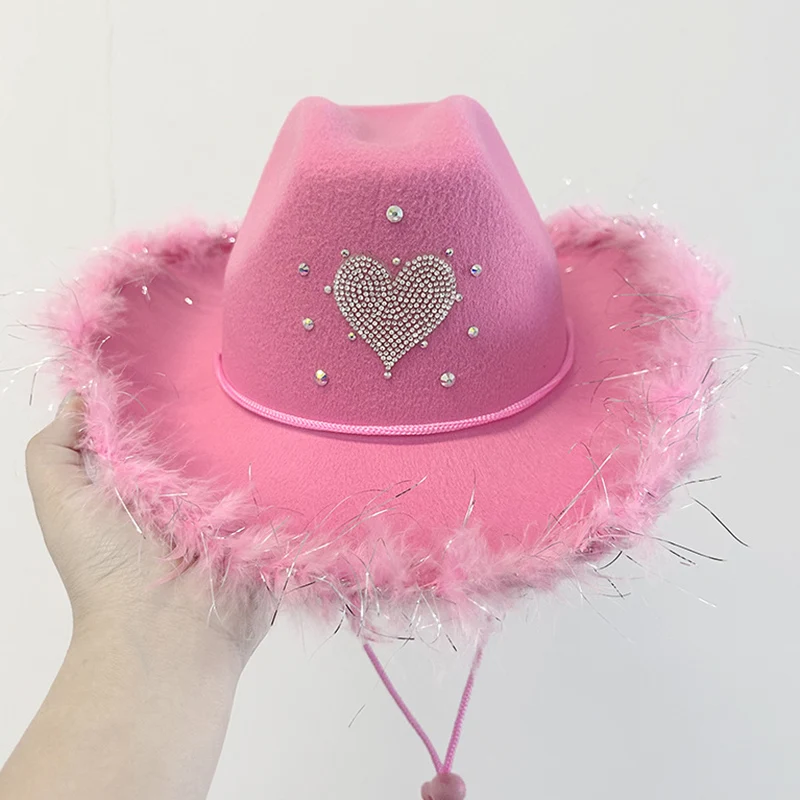 Cowgirl Hats Women Western Style Party Warped Wide Brim Rhinestone Heart