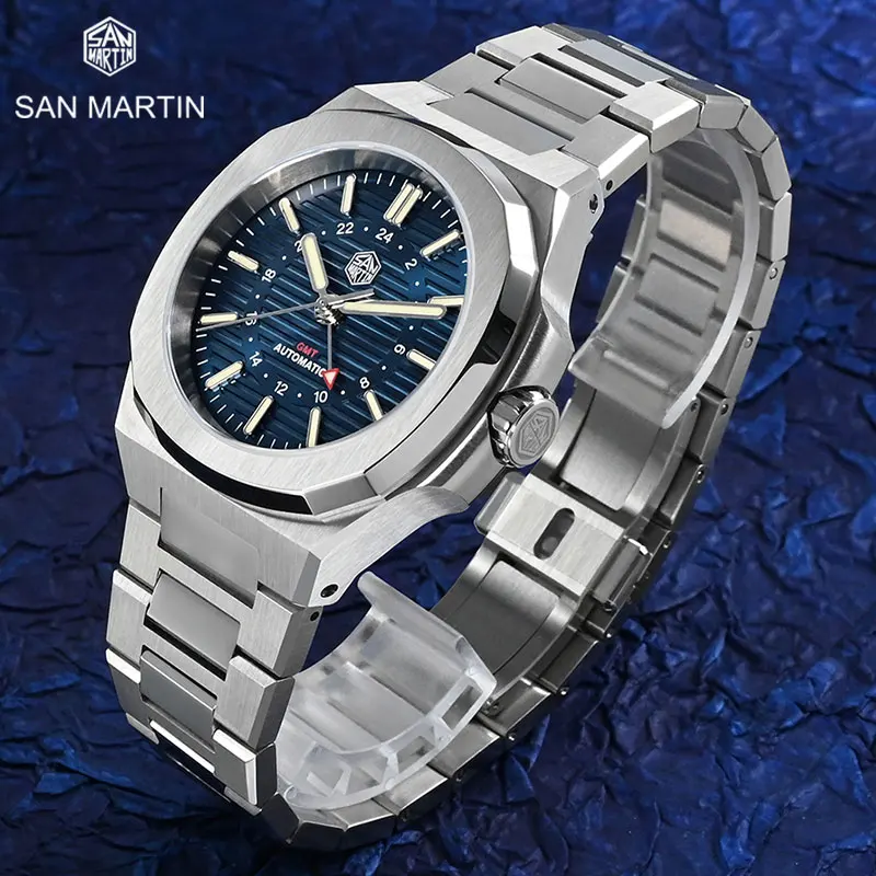 

San Martin Mens Watch New 43mm GMT Classic Business Luxury Automatic Mechanical Watches for Men Sapphire 10Bar BGW-9 Luminous