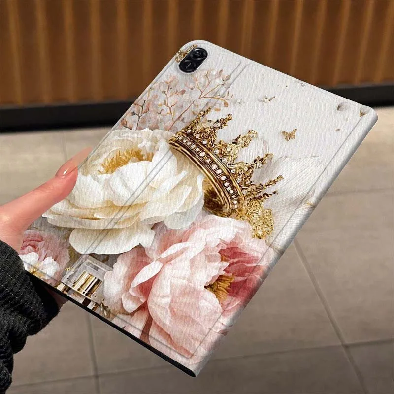 Golden Crown Peony Bloom Tablet Case - Elegant Floral Design