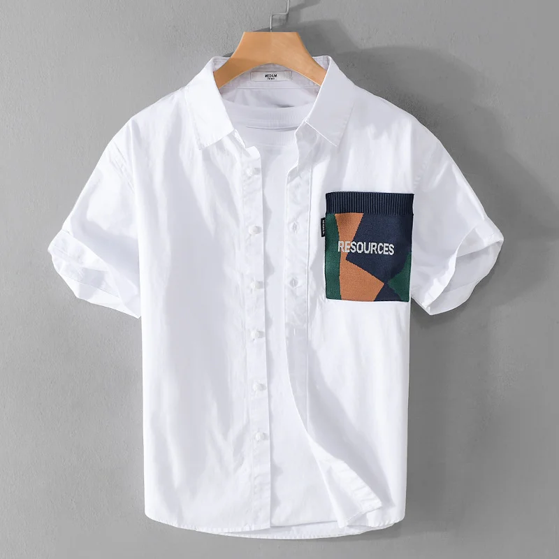 

Summer Short Sleeve Korean Shirts Men's Work Styles Clothes Personalized Patch Print Pocket Loose Casual Dress Shirt Streetwear