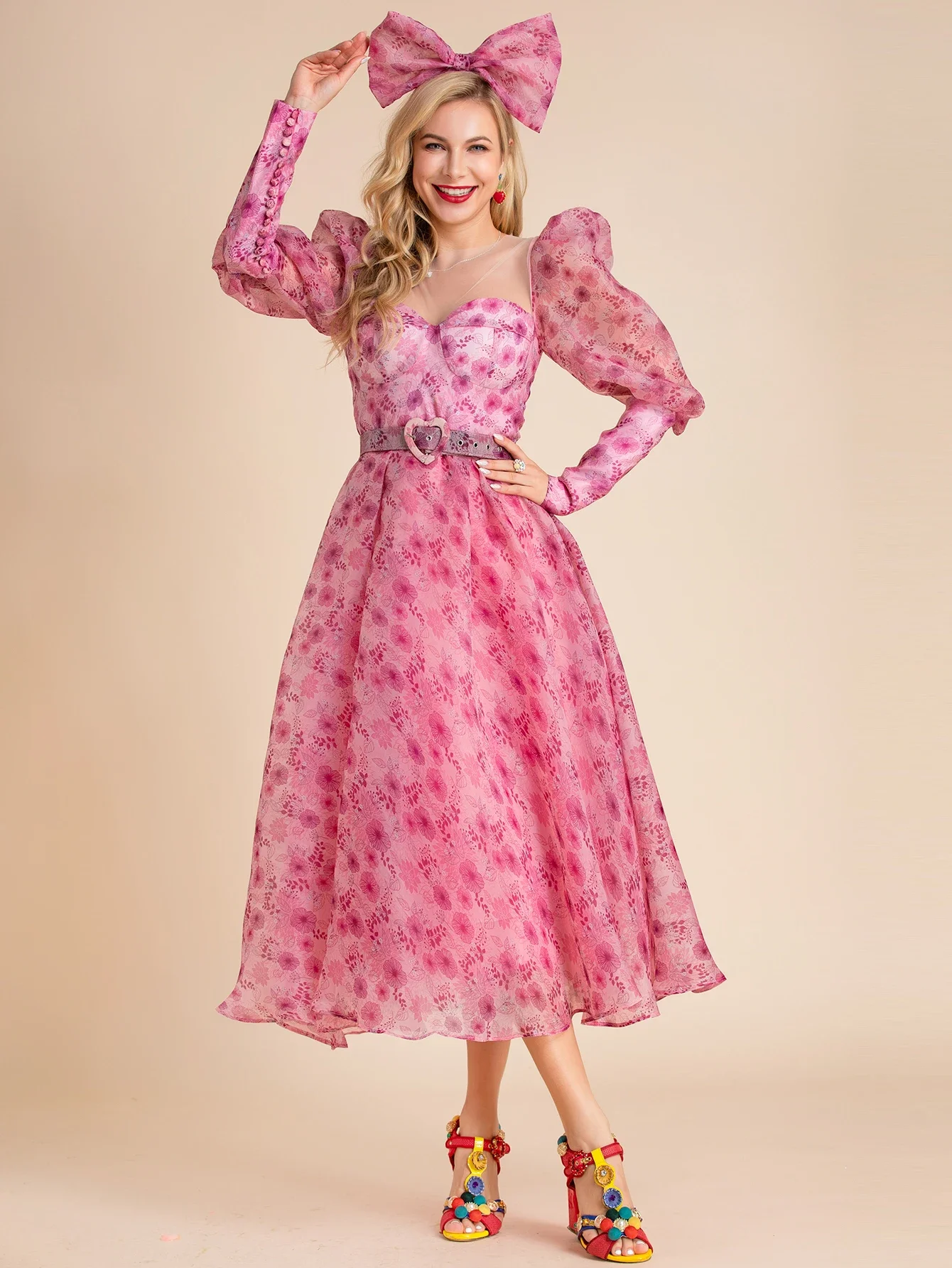 

LD LINDA DELLA Fashion Designer Summer Pink Dress Women's Puff sleeve Sashes Floral print Elegant Holiday Midi Dress