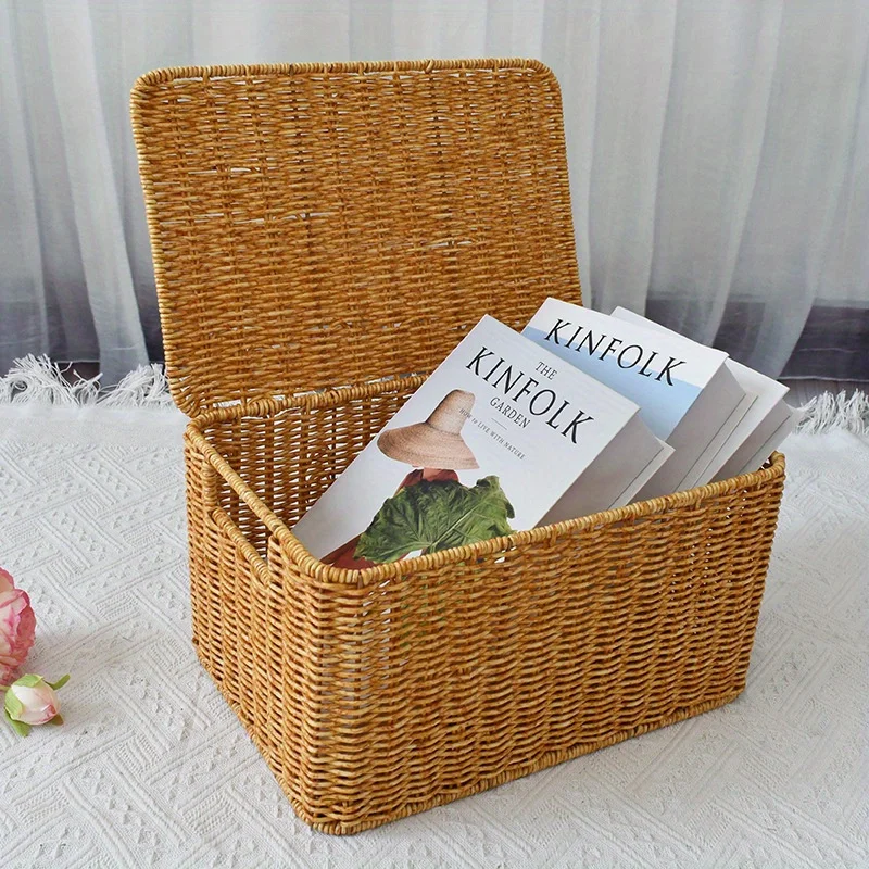 Rural Woven Storage Basket with Lid - Stylish and Durable Wardrobe Organizer - Suitable for Bathroom, Bedroom, Kitchen, and Home