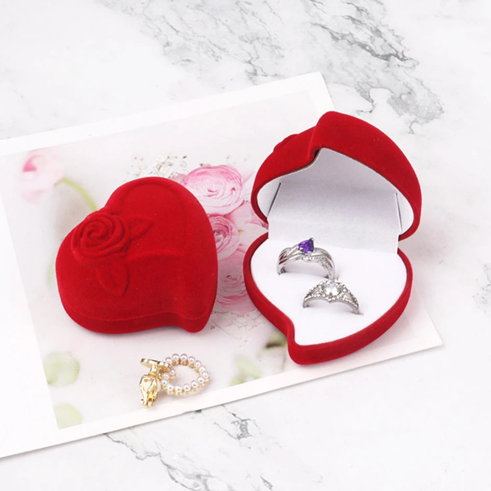 Red Flocking Heart Shape Rose Wedding Ring Velvet Storage Boxes Jewelry Earrings Display Cases Holder Gift Box Counter Packaging