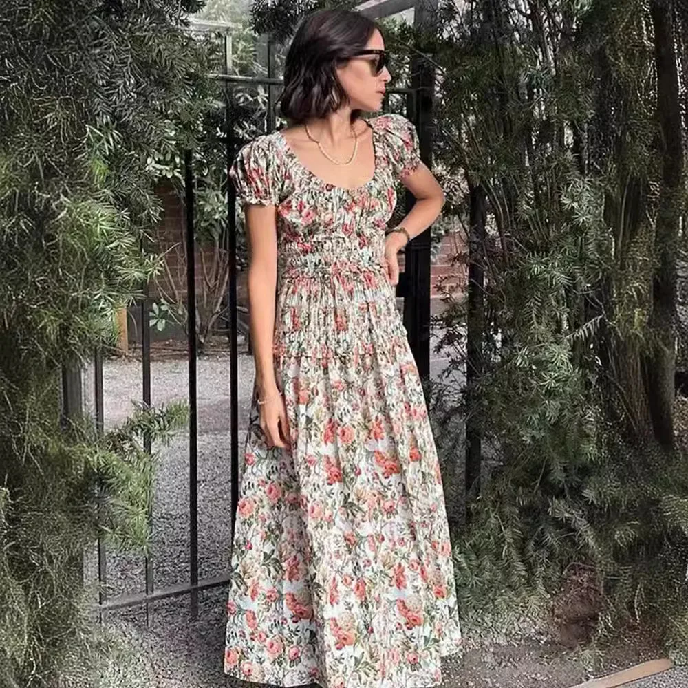 vestido-largo-de-algodon-con-manga-abullonada-para-mujer-traje-elegante-con-estampado-floral-escote-en-v-y-pliegues-para-verano-2024