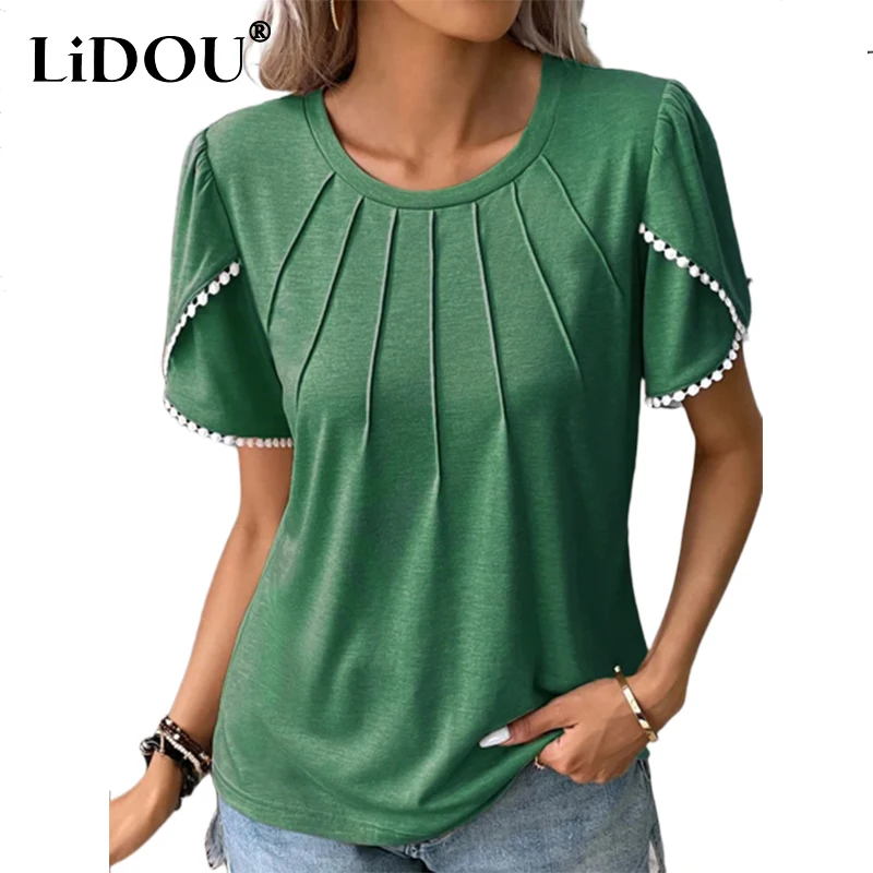 

2023 Summer Oversized Solid Color Round Neck Tee Women's Loose Casual Fashion Short Sleeve Pullover Top Female All-match T-shirt