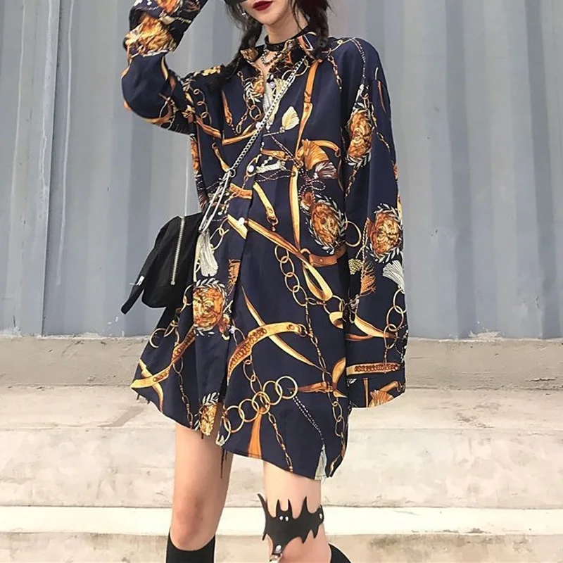 2023 New Spring and Summer Loose Fitting Casual Fashion Trend Lapel Print Vintage Hong Kong Style Versatile Mid Length Shirt