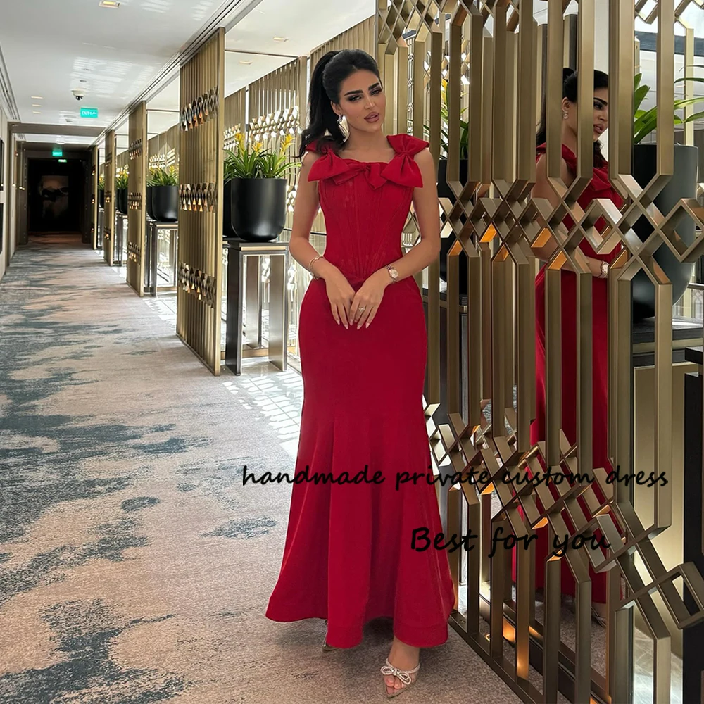 

Red Mermaid Evening Dresses for Women Saudi Arabian Formal Prom Dress Spandex Satin Long Occasion Event Gown Ankle Length