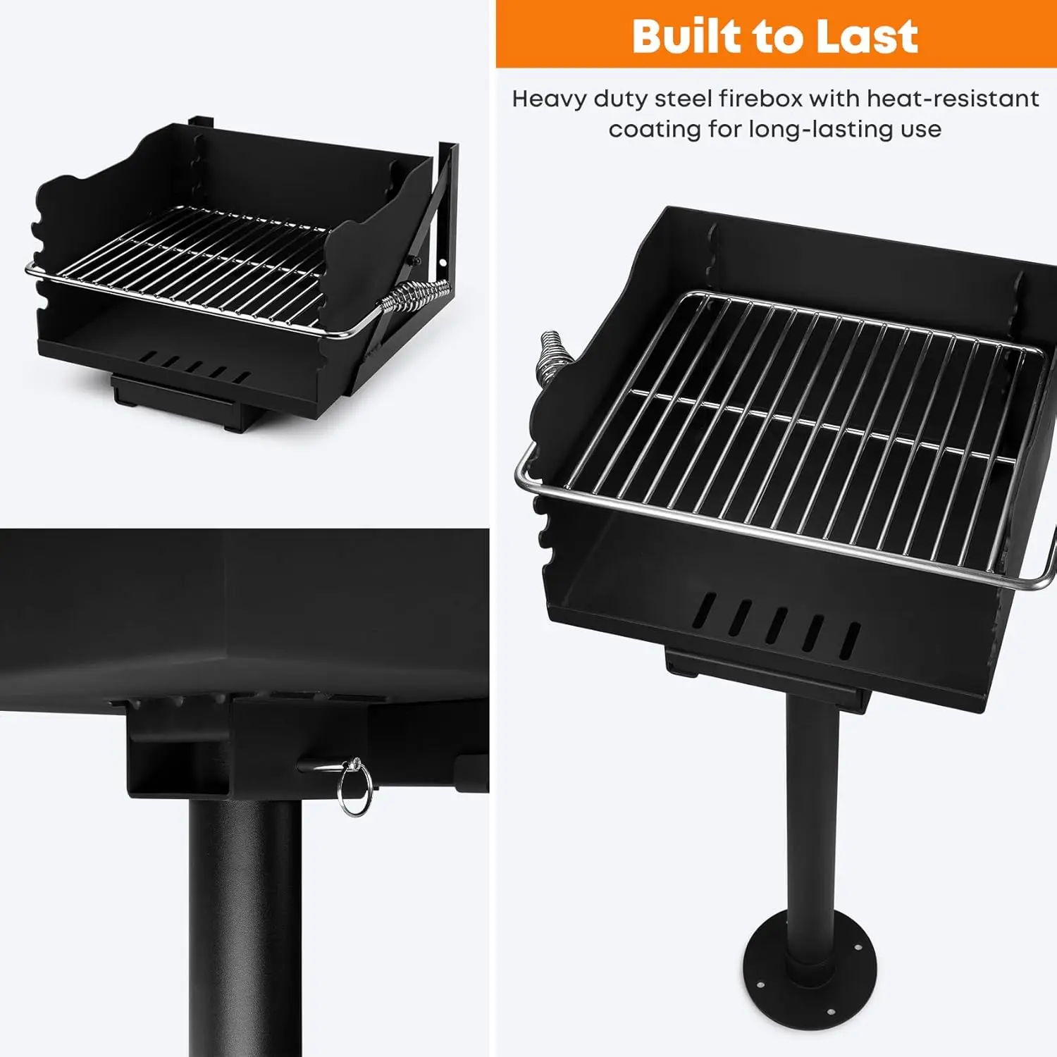 Park-Style Charcoal Grill, Heavy Duty Steel Outdoor BBQ Park Grill with Stainless Steel Cooking Grate and Post for Backyard