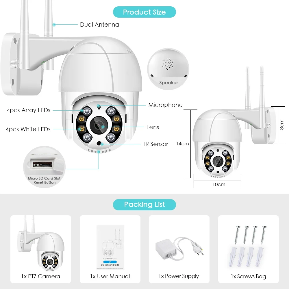 Caméra de surveillance extérieure PTZ IP WiFi HD 8MP/4K, dispositif de  sécurité sans fil, avec IA, détection humaine, Ultra HD 5MP/3MP/1080P