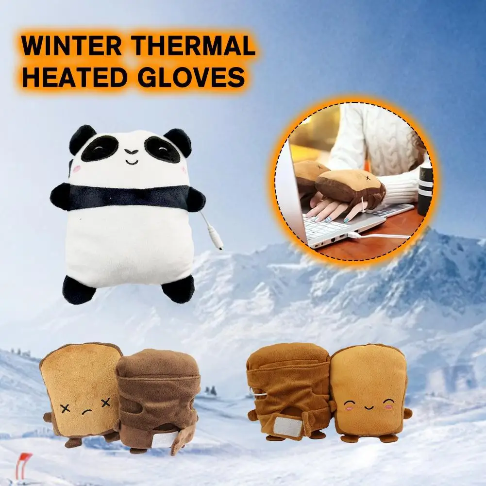 

Winter Thermal Heated Gloves Cute Cartoon Plush Fingerless USB Heating Warmers Panda Bread Students Work Office Warm Gloves