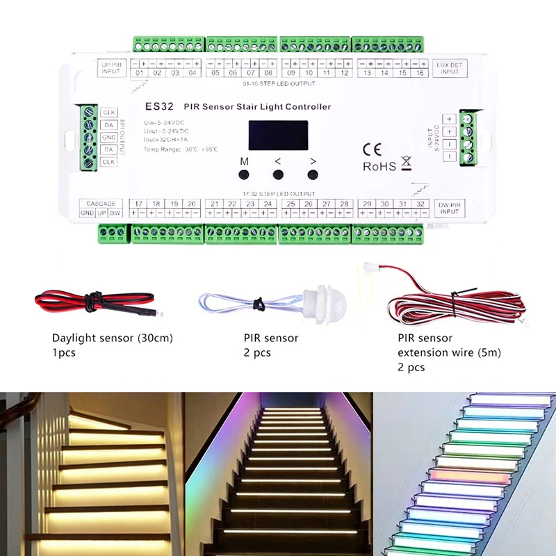 ES32 PIR Sensor Stair Light Controller 32CH Single Color 2CH Pixel RGB SPI LED Strip Dimmer 8-32 Steps LED Tape Stairway Light